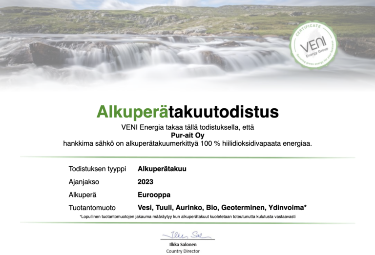 Pur-ait Oy käyttää päästötöntä hiilidioksivapaata sähköä