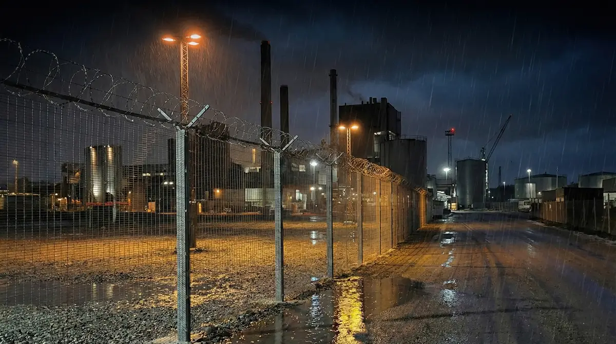 Kriittisten kohteiden suoja-aita yöllisessä teollisuusmaisemassa.